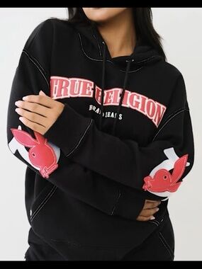 True Religion x Playboy Women's Black Fleece Pullover Hoodie M Bunny Patch